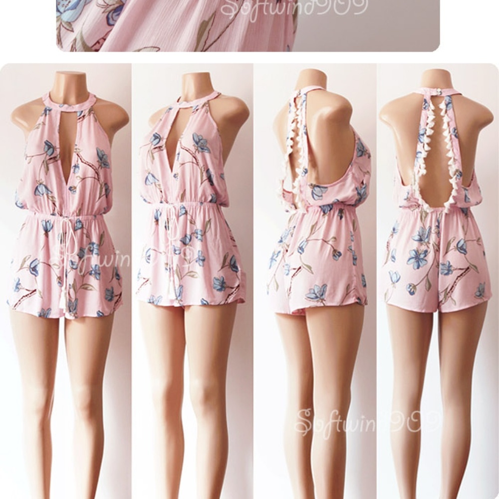 Last☝️ Pink Blue Tassel Open Back Halter Romper - Picture 6 of 8